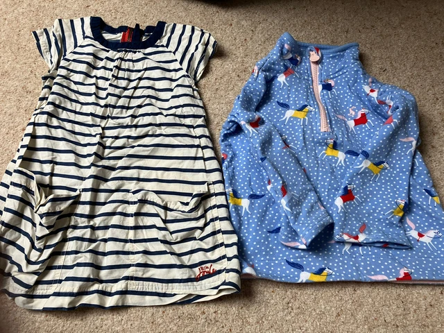 Abito a righe Little Joules per ragazze + pacchetto maglione cerniera cavallo blu età 5-6 anni