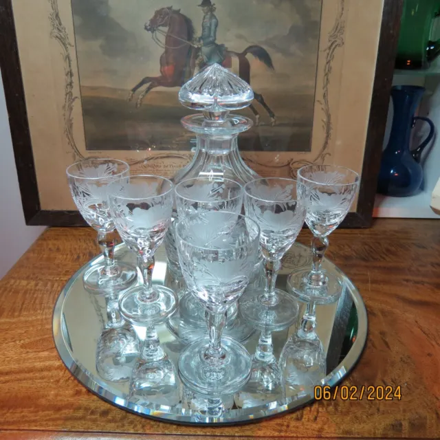Royal Brierley Honeysuckle Decanter and six Glasses.