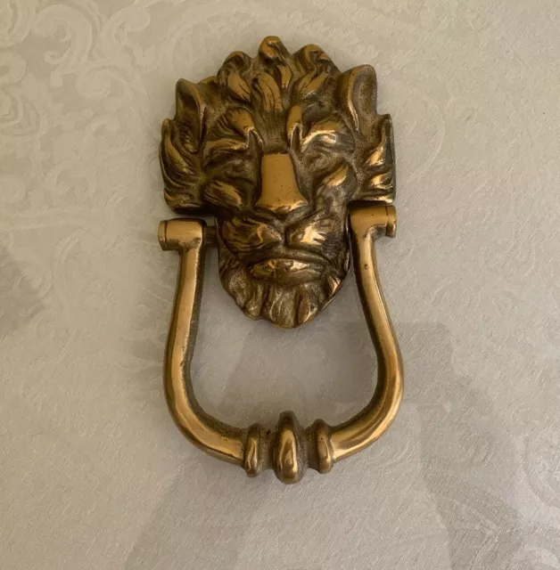 Vintage 8-3/8" Heavy Ornate Solid Brass Lion Head Door Knocker - 2.5 Pounds