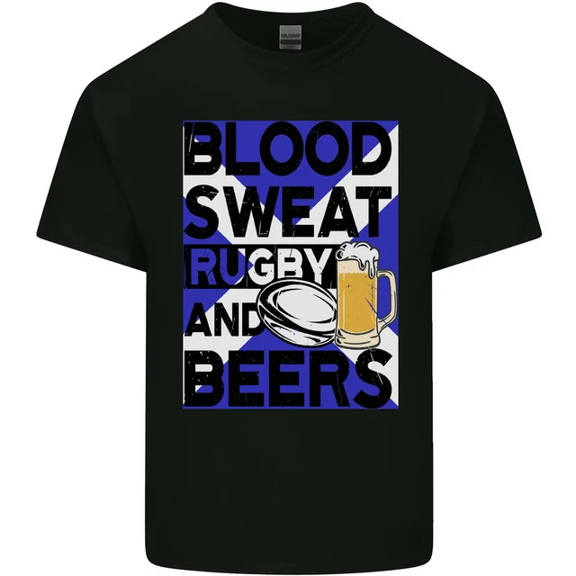 T-shirt top Blood Sweat Rugby and Beers Scozia divertente da uomo cotone