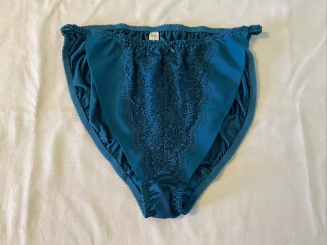 VINTAGE SATIN & Lace String Bikini Panties Teal Blue Green Womens Size ...