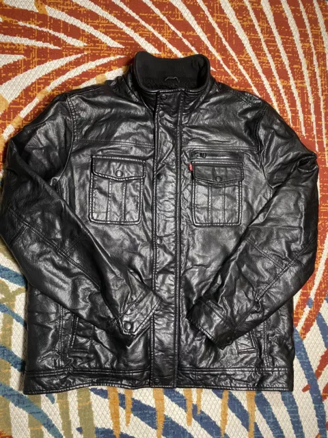 Levis Strauss Jacket Mens Faux Leather Black Sherpa Lined Trucker Bomber XL