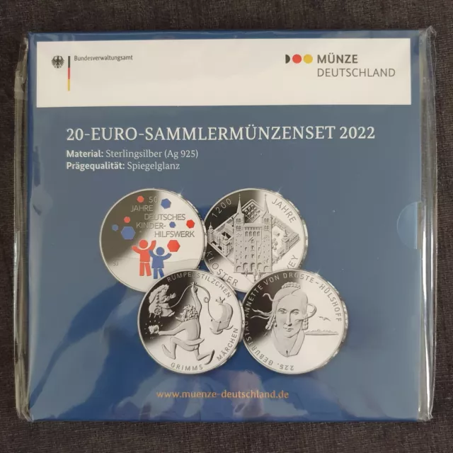 BRD - 4 x 20 Euro Sammlermünzen Set  2022 - Sterlingsilber Spiegelglanz OVP