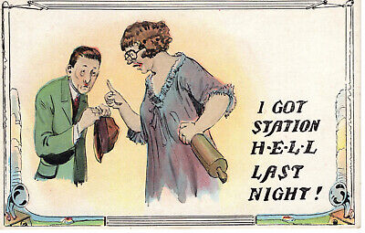 Postcard Vintage Funny Abused Man Babies Mean Wife Rolling Pin Humor c1915 -G1
