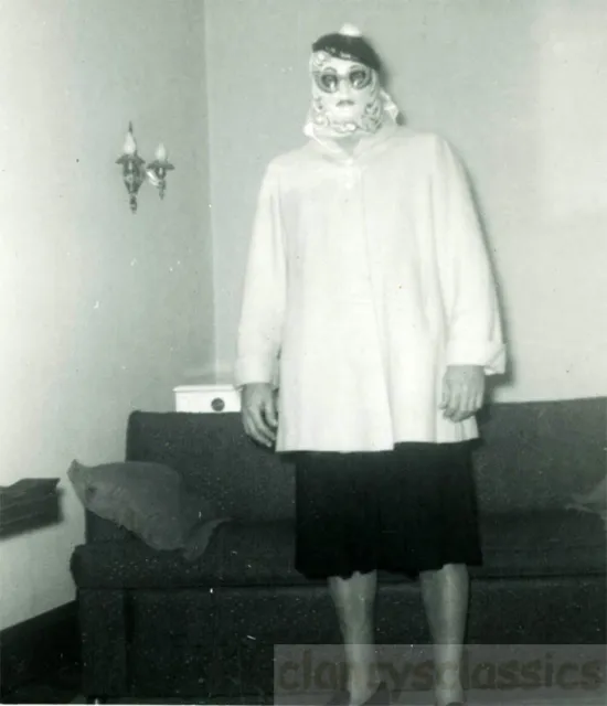 1962 Man in Drag Mask Costume Scary Face Sunglasses Scarf Halloween Snapshot