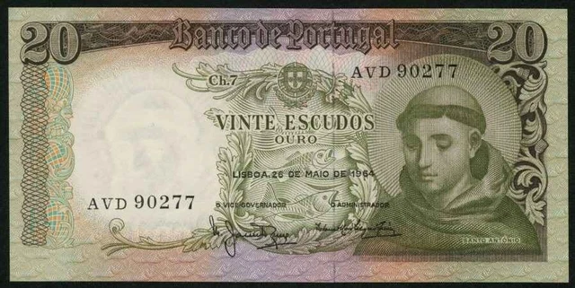 Currency May 26, 1964 Portugal Banknote 20 Escudos Santo Antonio de Padua Unc+
