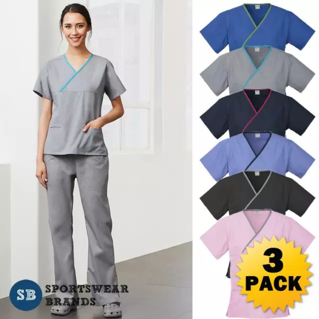 3 x Ladies Scrub Set Top Pants Contrast Nurse Doctors Medical Health Womens New