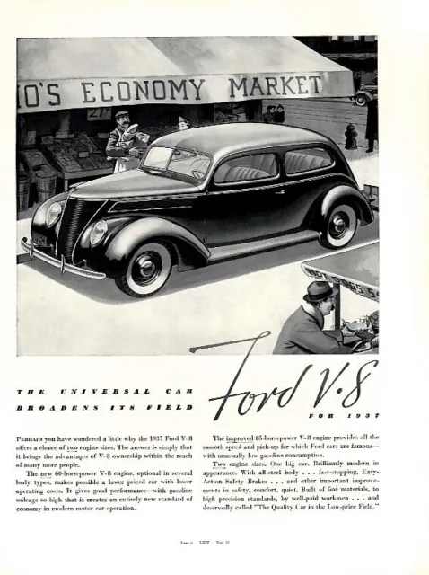 The Universal Car Broadens the Field - Ford V-8 Tudor ad 1937 L