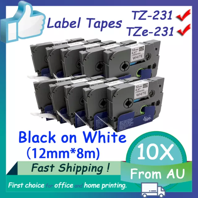 10 X TZ-231 TZe-231 Brother Black on White P-Touch Label Tape 12mm 0.47 Lamina