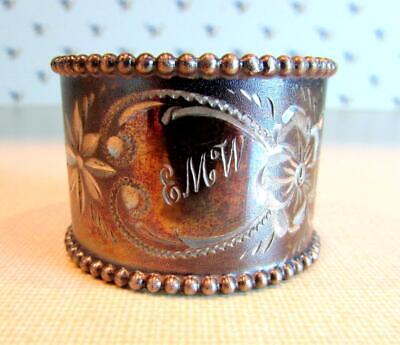 Victorian Silver Plated Round Napkin Ring Floral Design Monogramed  EMW