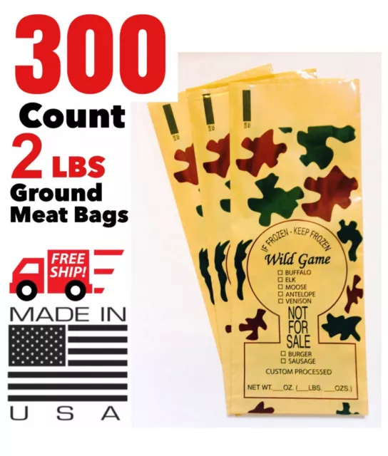 Camo Print Wild Game Ground Meat Freezer Chub Bags 2Lb 300 Count Free Shipping