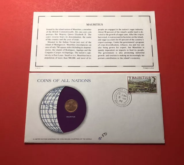 Mauritius -1975( Coins Of All Nations),1 Cent Coin In Post Card.