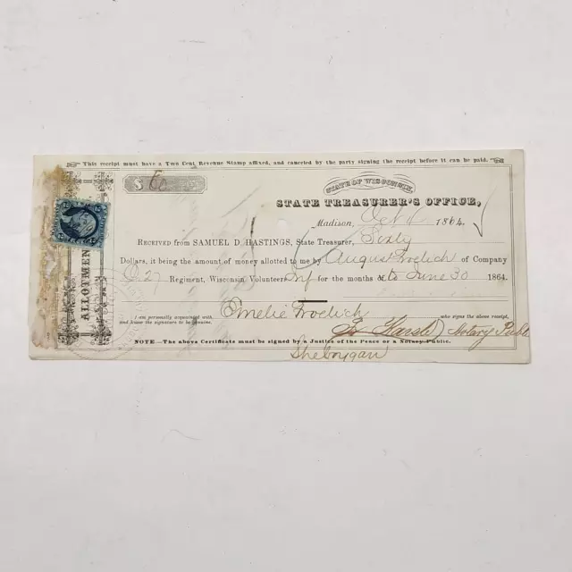 U.S. (State of Wisconsin) - Oct. 4, 1864 $60 Allotment Fund Receipt (Civil War)