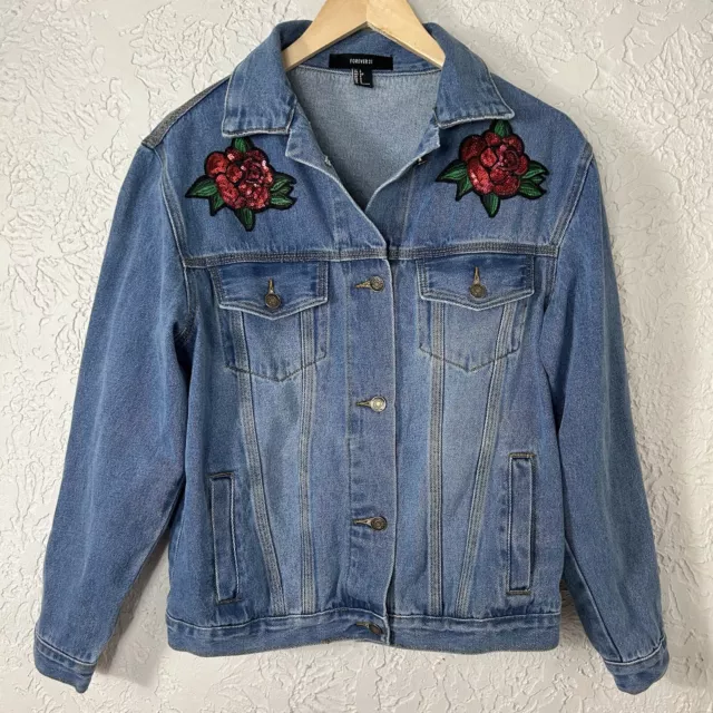 Forever 21 | Oversized Rose Embroidered Patch Denim Jacket Size S 3