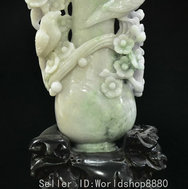 10.4" Old Chinese natural emerald jade carving flower bird Bottle Vase statue 3