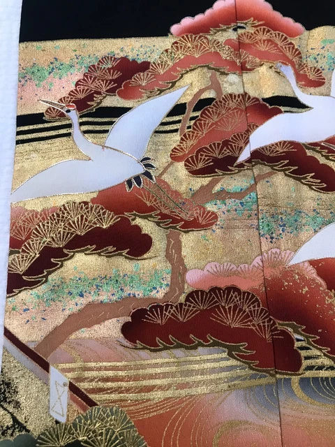 @@ Vintage Japanese kimono silk fabric/ tomesode black/ cranes, pine tree AP37 3