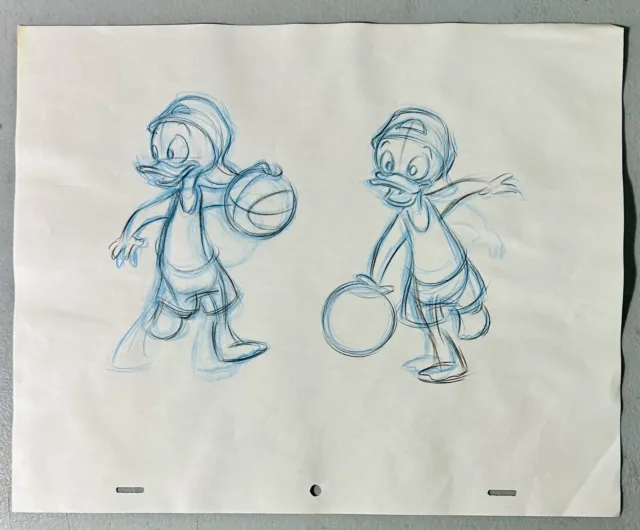 Original 1990s Disney Animation Drawing Sketch Huey Dewey Louie Duck Basketball