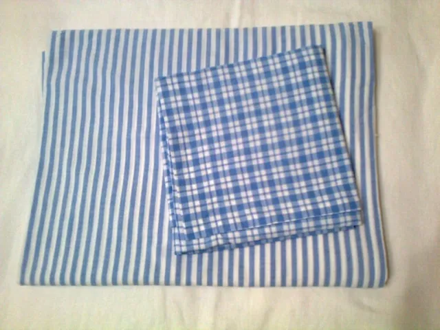 drap rayé 1 personne + taie d'oreiller à carreaux, tout coton, bleu et blanc