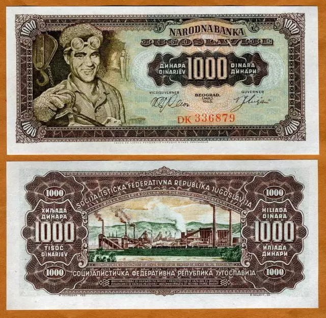 Yugoslavia, 1000 (1,000) dinara 1963, P-75, UNC Steelworker, Factory