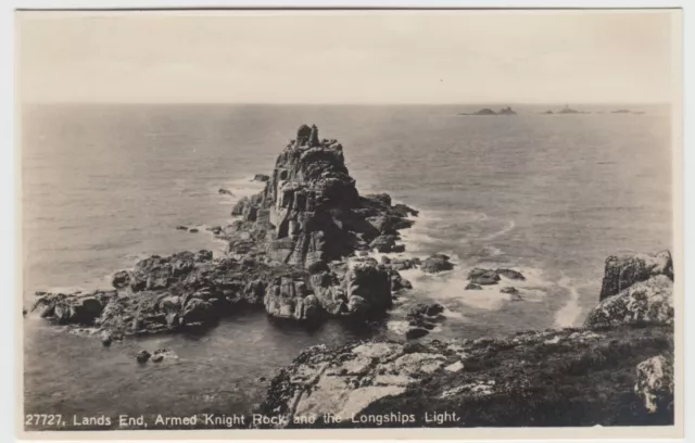 Cornwall; Lands End, Armed Knights & Longships Light RP PPC, Unposted, c 1930's