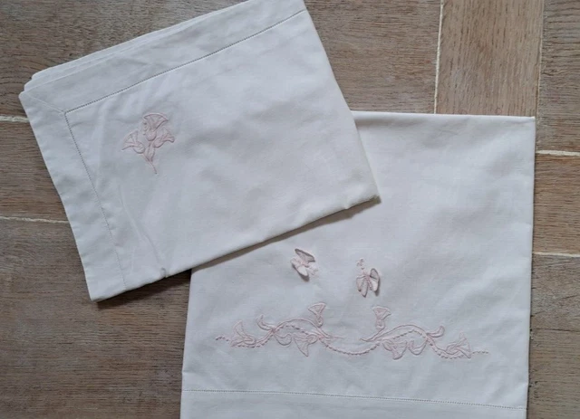 Parure Drap Taie Oreiller Berceau Lit Landau Bebe Vintage 1950 Broderie Papillon