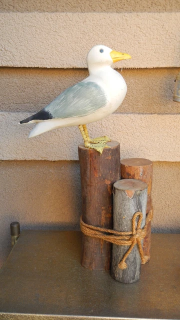 Vtg Hand Made Carved Wooden Seagull Statue Sculpture on Wood Base 15.5" tall