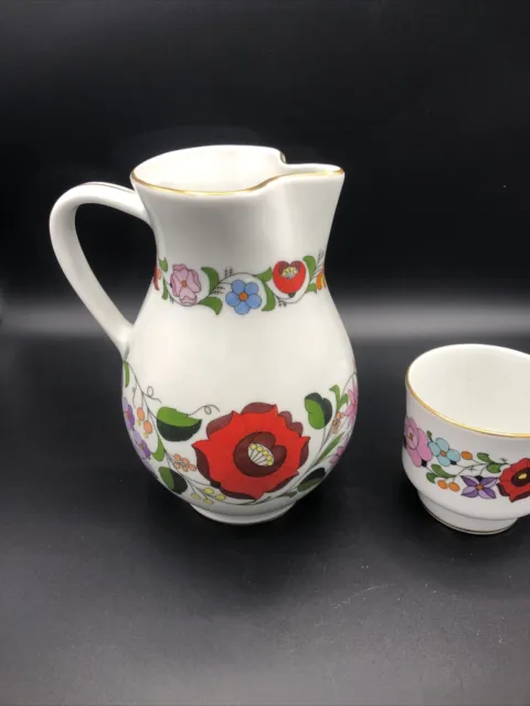 Vtg KALOCSA Porcelain Pitcher Handpainted from Hungary 0186 Floral Set 7 3/8” 2