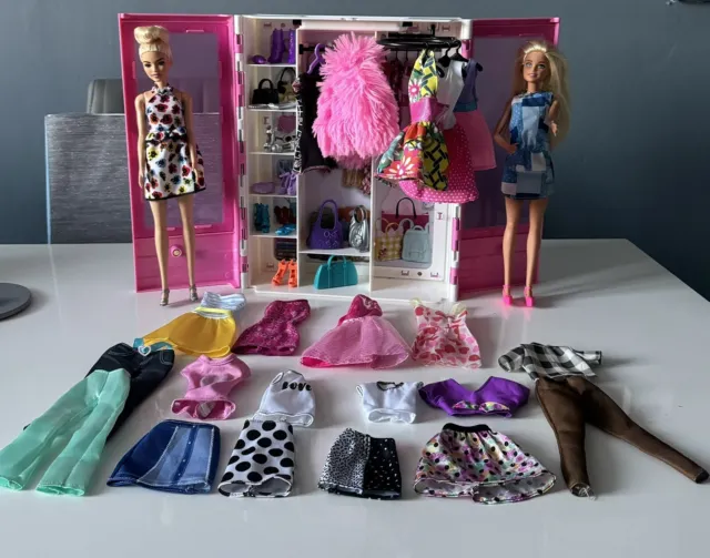 Barbie Wardrobe Bundle With Clothes Shoes Bags Hangers & 2  Dolls