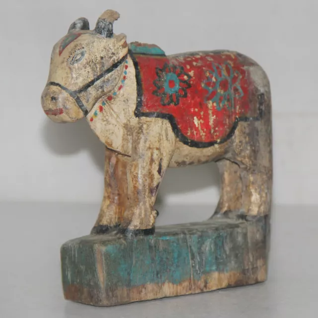 1850's Old Wooden Hand Carved White Painted Holy Cow/ Nandi Figurine 9724