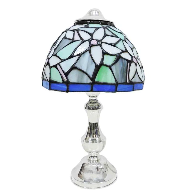 Lampada da Tavolo Stile Tiffany in Argento con Paralume in Vetro Colorato