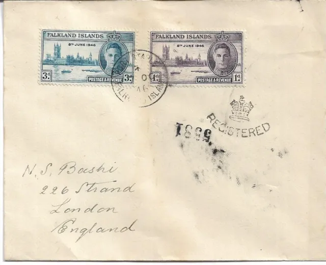 Falkland Islands Kgvi Victory Stamps On Registered Cover To Gb My Ref 3305
