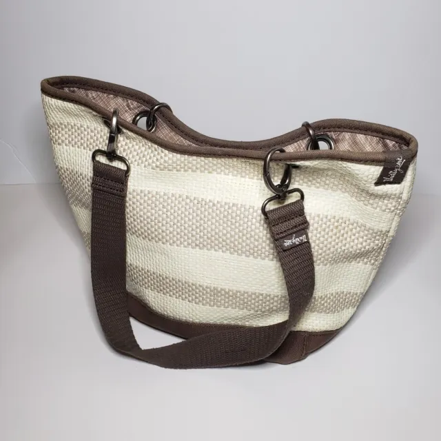 Thirty One Tote “Canvas Crew Mini” Purse Tan and Brown Straw Stripe Bag Tote