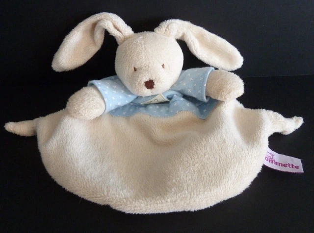 22. Doudou Plat Pommette Lapin Ecru Blanc Bleu Etoile Croix Grelot  Excell. Etat