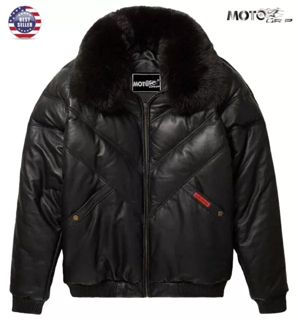 Men's Black V-Bomber Sheep Leather Faux Down Goose Jacket with Fox Fur Collar