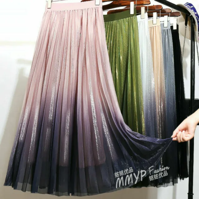Women's Mesh Elastic High Waist A Line Pleated Gradient Casual Midi Skirt Fairy