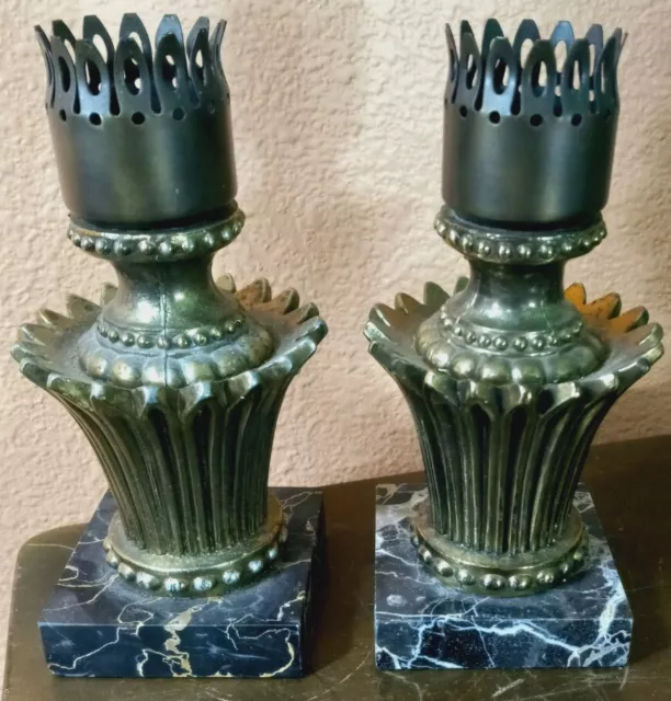 Vintage Brass Candlesticks on black and white marble base, pair of 2