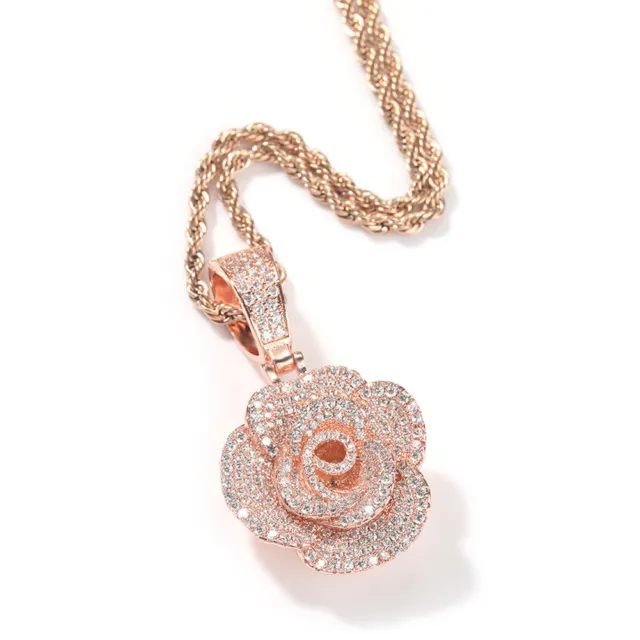 Rose Flower Hip Hop Pendant Necklace ICED AAA+ CZ 18K Gold Silver Rose Plated