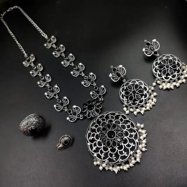 Indian Bollywood Silver plated Silver oxidized Necklace Earrings Jewelry Set