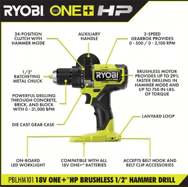 RYOBI ONE+ HP 18V Brushless Cordless 1/2 In. Hammer Drill Pblhm101 New
