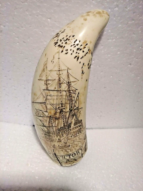 Faux Whale Tooth Scrimshaw Admiral Horatio Nelson & HMS Victory NICE Replica