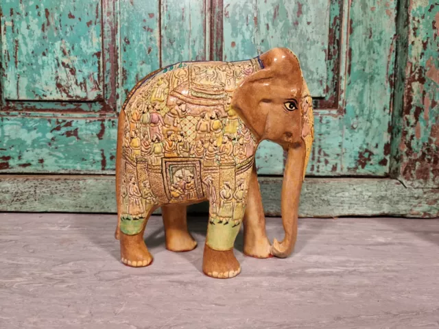 Vintage Hand Carved Solid Wooden Indian Kashmir Hand Painted Elephant Statue