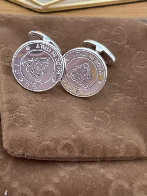 Genuine Gucci Sterling Silver  Round Crest Cufflinks With Pouch