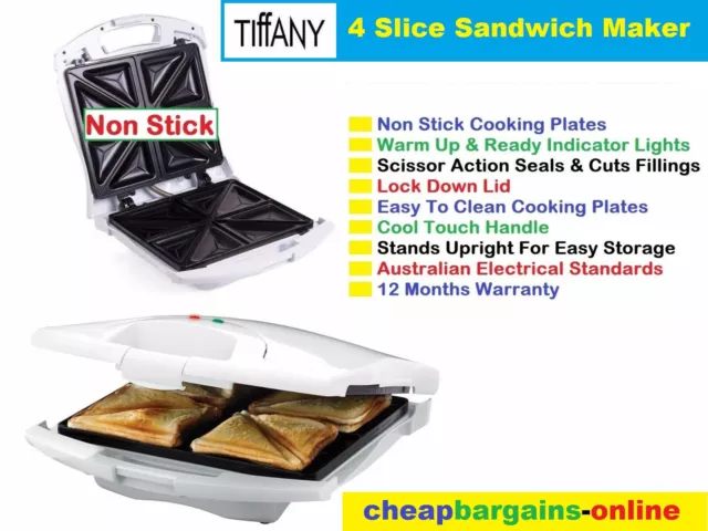 Tiffany 4 Slice Sandwich Maker Press Grill Jaffle Iron Toaster Non Stick Plates