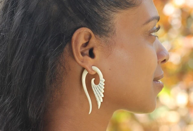 Fake Ear Gauge Feather Carved Handmade Tribe Split Hook Unique Angel Wings Inlay
