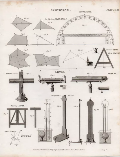 1819 Georgian Print ~ Surveying Various Diagrams Level Protractor