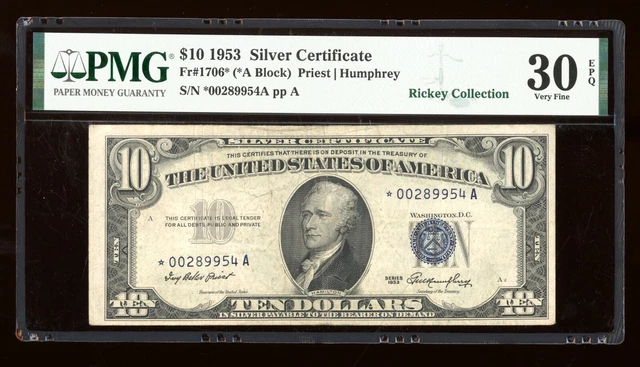 DBR 1953 $10 Silver STAR Fr. 1706* PMG 30 EPQ Serial *00289954A