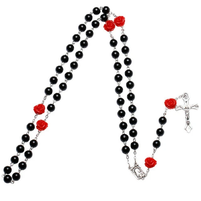 ROSAIRE PERLÉ NOIR 28" collier 6" goutte 6 mm perles de prière crucifix catholique 3