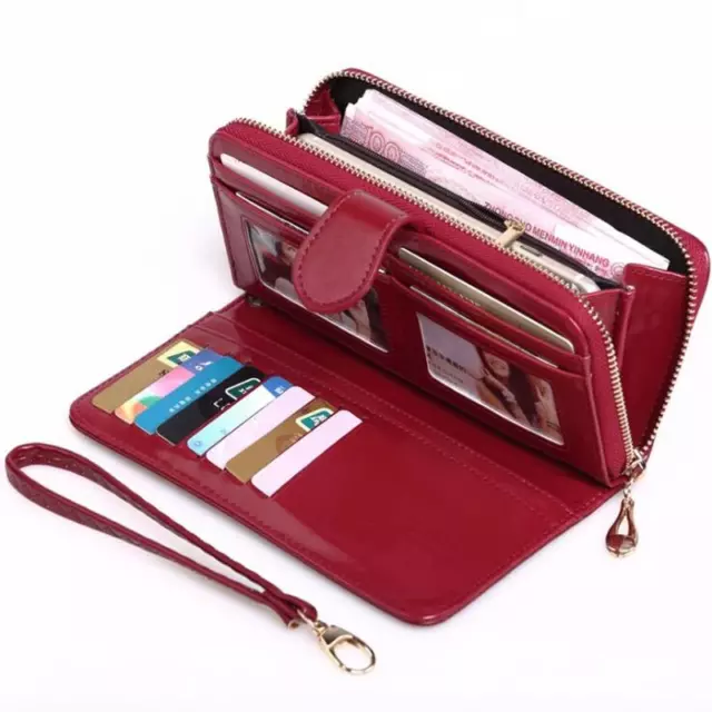 LARGE Womens Ladies Leather Look Wallet Zip Round Card Button Clutch Purse Bag 3