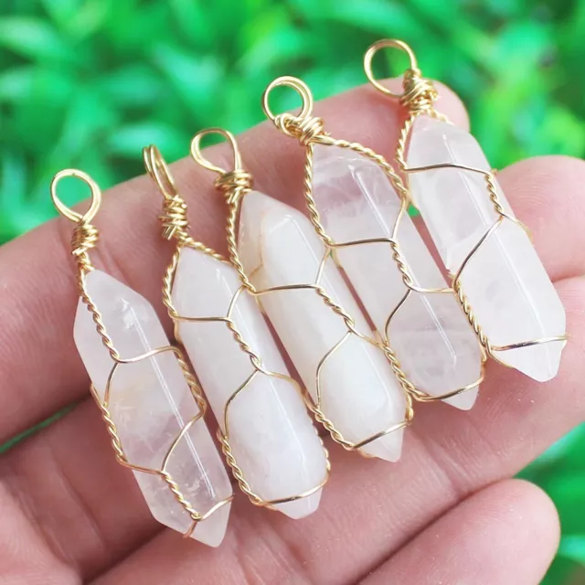 5pcs Rose Quartz  stone Hexagon Point Pendant Chakra Reiki Healing Amulet