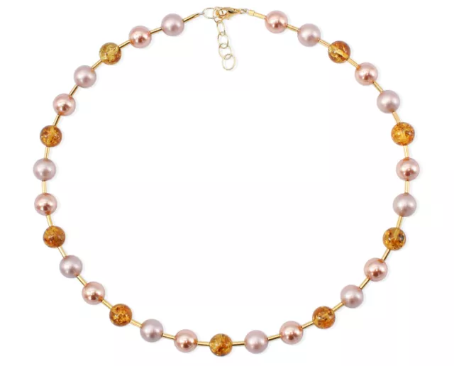 heliaden Elegantes Bernstein Collier mit Swarovski®-Perlen in Beige und Rosegold